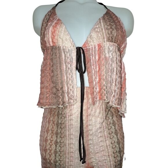 Forever 21 Womens Lace Sheer Halter Jumpsuit Pink Brown Boho Festival Lounge L - Picture 8 of 8